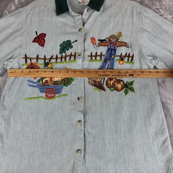 VTG Casey & Max Embroidered Button Up Shirt Women's M Green Stripe Autumn (1138) - Picture 9 of 10